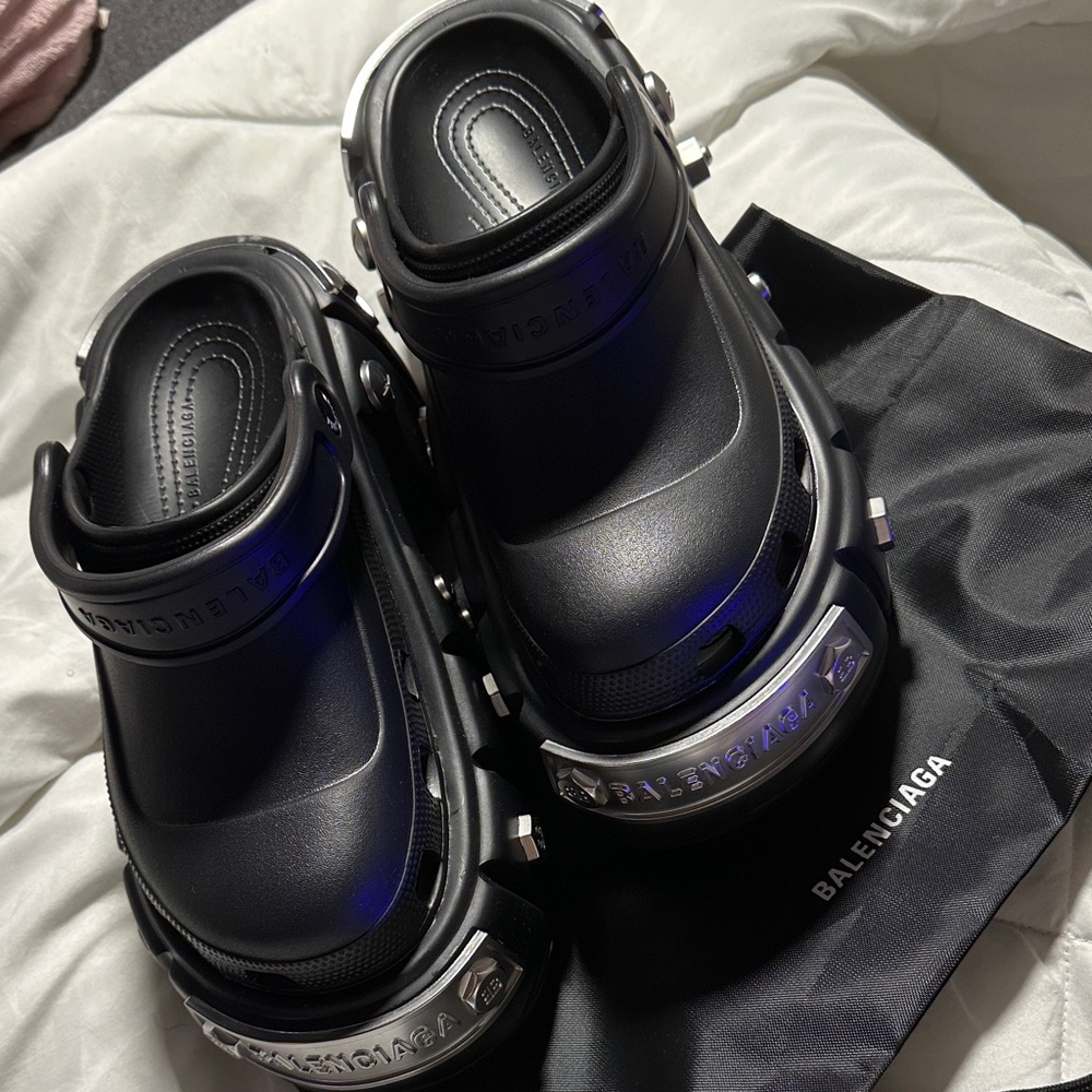 Balenciaga Black and Silver Platform Clogs